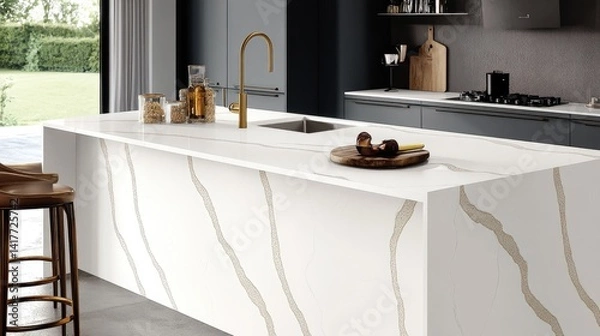 Obraz A modern kitchen island countertop showcasing a striking white quartz design.