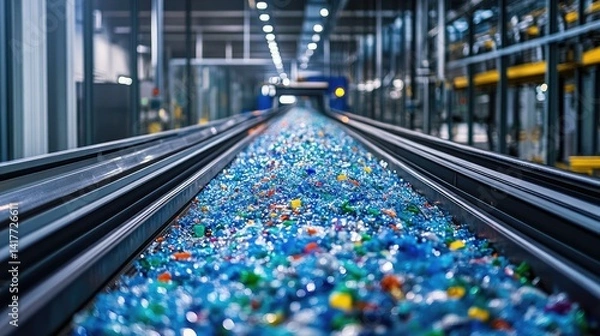 Obraz A long conveyor system inside a modern recycling center, colorful plastic scraps flow towards a processing room.