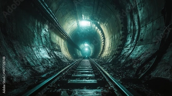 Fototapeta A long, narrow tunnel with a single railroad track, the entire scene was dark and vast.
