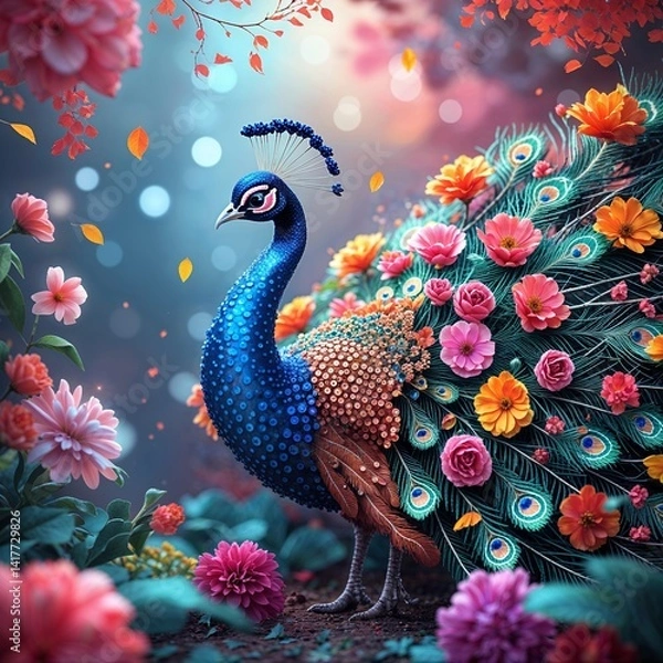 Fototapeta Elegant Blue Peacock with Colorful Flowers on Feathers in a Fantasy Garden Setting