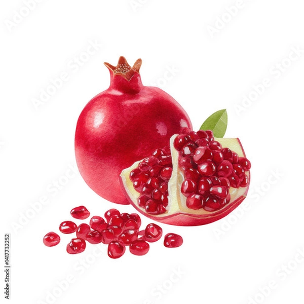 Fototapeta Juicy red pomegranate with seeds isolated transparent background a watercolor painting of fresh fruit
