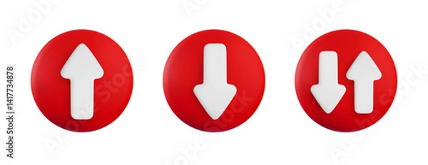 Obraz Vector cartoon 3d arrow button set. Cute realistic up, down and oncoming direction white arrows sign on red circle. 3d render plastic navigation direction icon for infographic, web, game design, app