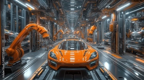 Obraz A robotic assembly line installs windshields on newly built cars, a futuristic industrial feel.