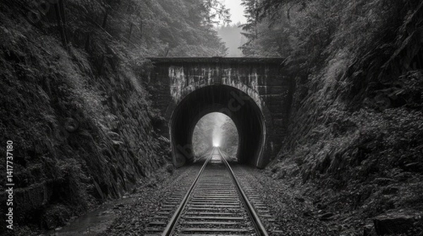 Fototapeta A tunnel with railroad tracks, its walls blackened with age, not a single train in sight.
