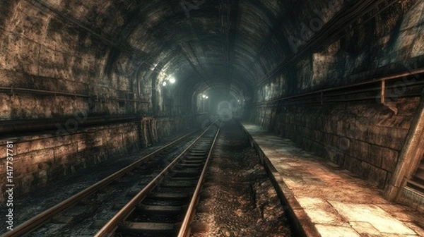 Obraz A tunnel with railroad tracks, its walls blackened with age, not a single train in sight.