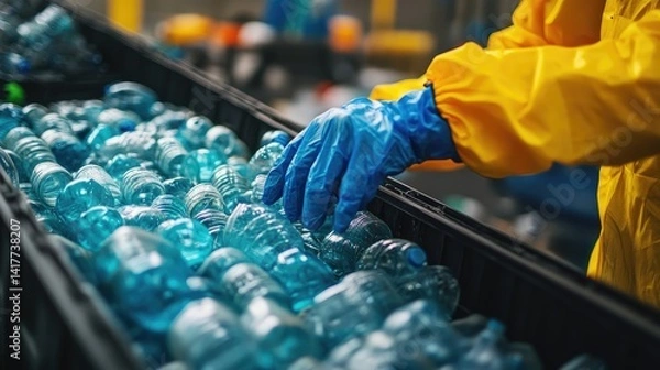 Fototapeta A worker with gloves is sorting plastic waste, ensuring proper recycling of bottles, a dedication to environmental preservation.