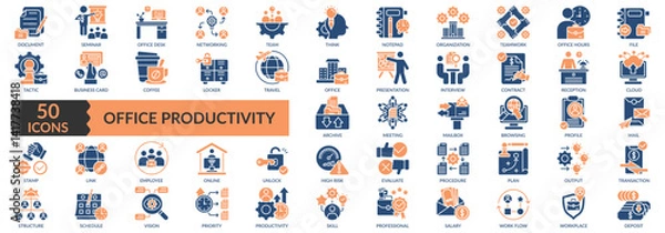Obraz Office Productivity Icon Set in blue and orange color With Document, Team, Organization, Teamwork, Office, Presentation, Interview, Archive, Employee, Productivity, Skill, Professional, And Others