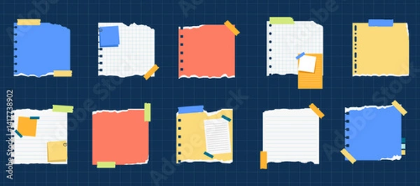 Obraz Realistic Ripped Paper Scraps Strips Torn Edges with Sticky Note and Adhesive Tape. Sticky Note Sheet Pieces Ripped Edge for Message, Journals, Planners, To-Do Lists, Memo Template