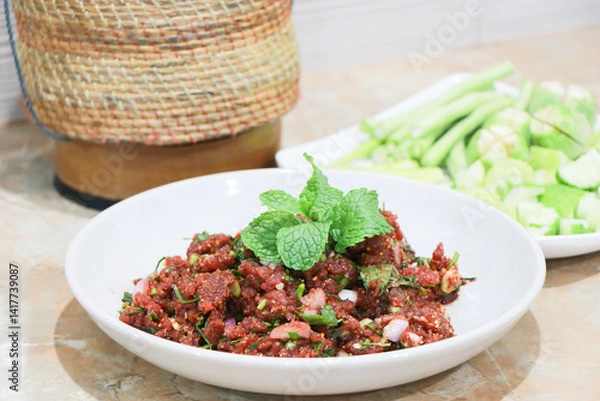 Fototapeta Raw beef Issan salad made from beef, herbs and blood Larb Luad, Raw Beef Larb With liver and blood in a plate ready to serve. Thai food. Spicy and delicious, Thai traditional food. Raw minced meat.