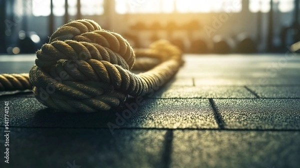 Obraz A weathered battle rope rests after a grueling workout, its knotted end a testament to strength and resilience in a sun-drenched gym.