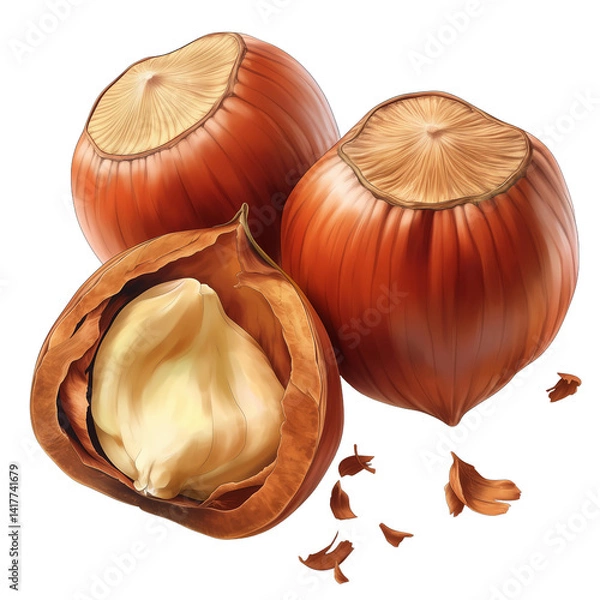 Obraz Three nuts are shown, one of which is open