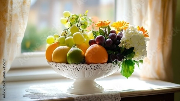 Fototapeta A vibrant fruit and flower arrangement basking in sunlight near a window, a delightful burst of color and freshness in a serene home setting.