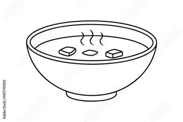 Fototapeta Hot Soup Bowl Line Art Illustration With Floating Tofu And Steam