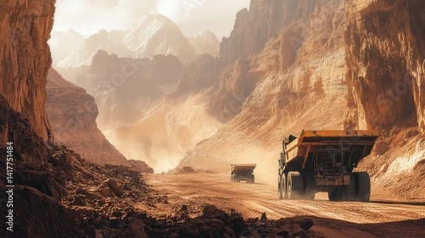 Fototapeta Panoramic view of mining dump trucks driving through an open pit, trucks working in a harsh and dusty environment