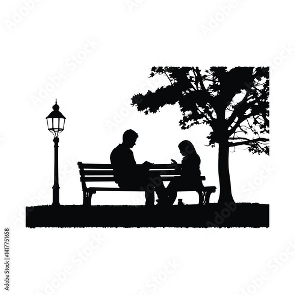 Fototapeta Couple reading book while relaxing by tree in park vector silhouette