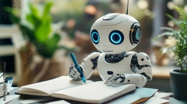 Fototapeta A cute robot diligently writes in a notebook, showcasing futuristic technology and artificial intelligence in a modern setting.