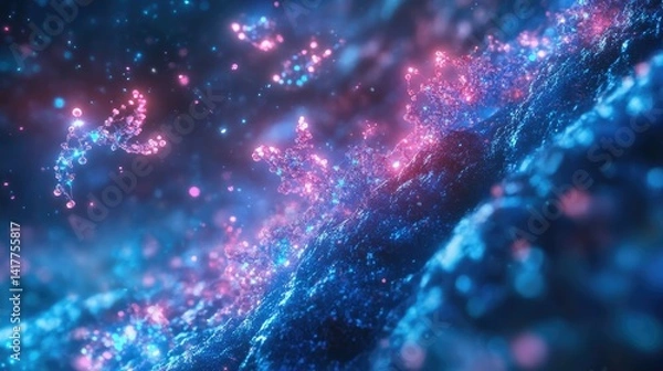 Obraz Realistic DNA strands float in a glowing blue mist, microscopic particles swirling around.