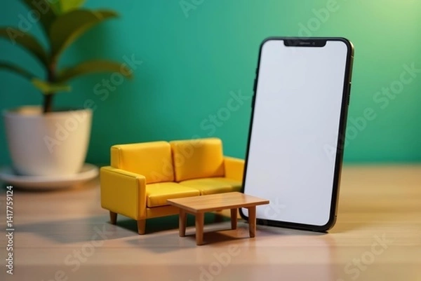 Fototapeta Close-up of miniature sofa and table in front of paper smartphone mockup, digital, smartphone, table