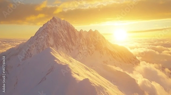 Obraz Golden Hour Majesty: A snow-capped mountain peak bathed in the warm glow of a setting sun, casting a radiant light over a sea of clouds below.