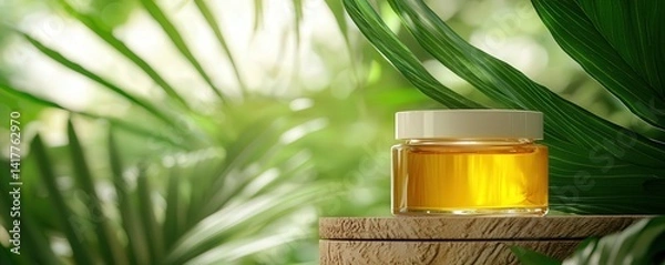 Fototapeta Skincare oil jar mockup glowing amongst natural green leaves serene environment low angle