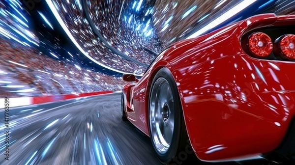 Fototapeta Red Sports Car Racing at Night with Motion Blur