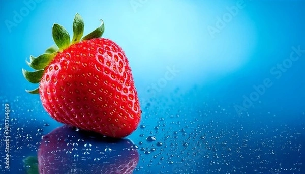 Obraz Strawberries on a blue gradient background with dew drops

