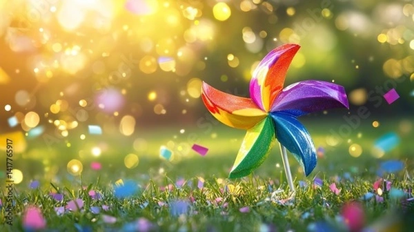 Obraz A vibrant rainbow pinwheel twirling in a joyful celebration amidst a shower of confetti and sparkling sunlight in a lush green field.