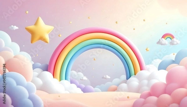 Obraz Pastel Rainbow and Star Landscape with Fluffy Clouds and Dreamy Sky
