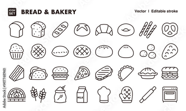 Fototapeta Bread and bakery line icon set. Vector editable stroke icon.