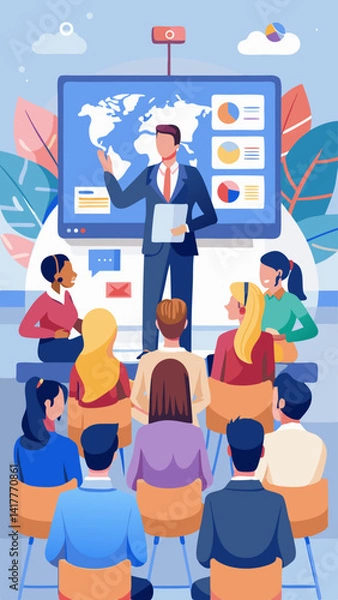 Fototapeta A group of people are gathered around a large screen with a map of the world on it. A man is standing in front of the screen, giving a presentation. The people in the audience are listening intently