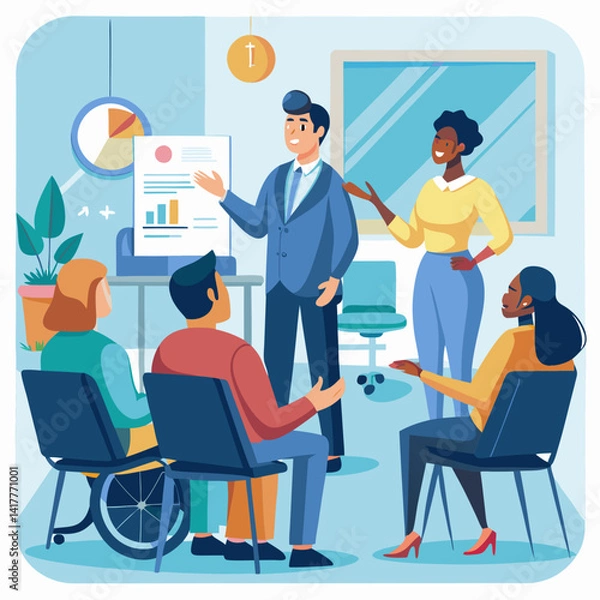 Obraz A woman is giving a presentation to a group of people. The presentation is about a new product. The people in the audience are listening attentively