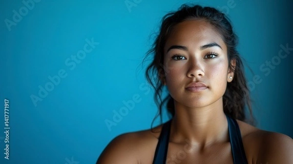 Fototapeta A young woman's determined gaze against a vibrant blue backdrop, showcasing her strength and resilience with soft lighting.