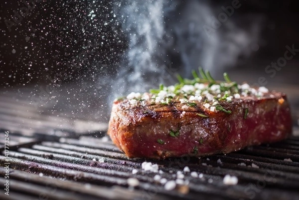 Fototapeta Tempting food shot of a dry aged steak on a sizzling barbecue, with visible grill marks and an artistic dusting of salt and finely chopped herbs