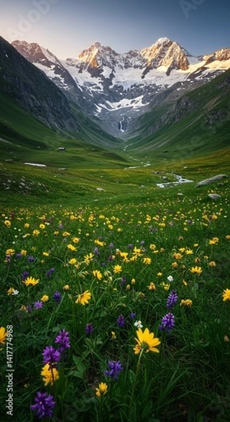 Fototapeta Idyllic mountain landscape in the Alps with blooming meadows in springtime