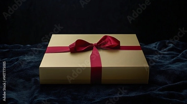Obraz A luxurious golden gift box adorned with a rich burgundy ribbon, promising an exquisite surprise on a dark velvet backdrop.