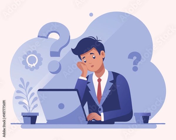 Fototapeta Contemplation and Doubt Uncertainty and Decision Making Concept with Businessman and Question Mark