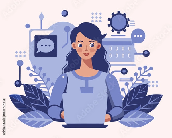Fototapeta Woman Working with AI Artificial Intelligence for Technology Assistance and Success