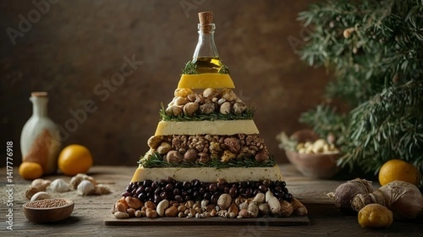 Obraz A festive cheese and nut pyramid, a delicious Christmas tree crafted with layers of savory goodness, bathed in warm, inviting light.