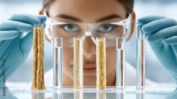Fototapeta Scientist analyzing various test tubes with different substances in a laboratory setting.