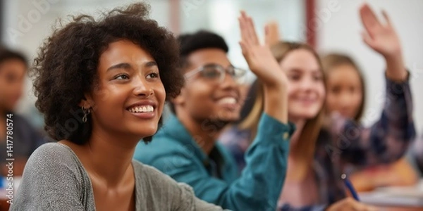 Fototapeta A cheerful student raises her hand in class, eager to participate in a thoughtful discussion, showcasing an engaging learning environment fostered by attentive educators.