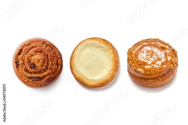 Fototapeta Raisin, cheesecake and peanut caramel bun isolated on white background