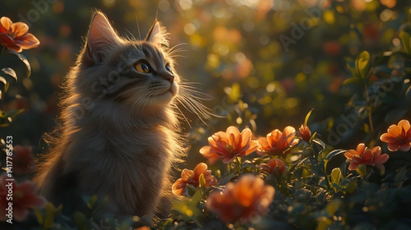 Fototapeta Curious cat exploring a flower garden during golden hour