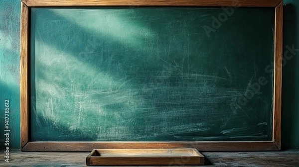 Obraz Aged teal chalkboard with wooden frame and tray, bathed in sunlight.