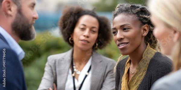 Fototapeta A group of three women engrossed in conversation in an outdoor setting, representing collaboration and connection in a professional and social environment among peers.