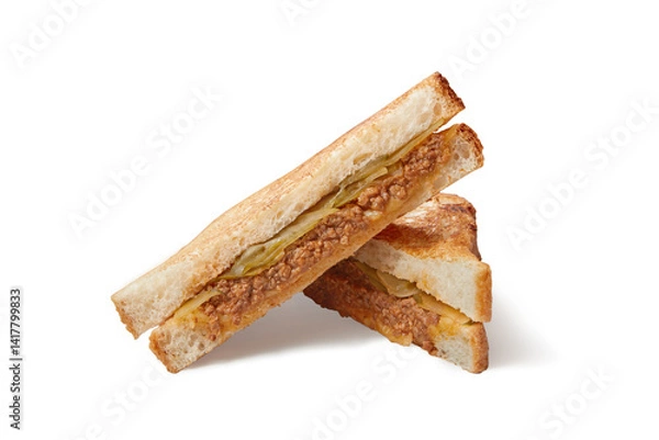 Fototapeta Slices of club sandwich made with meat, cheese and cucumber isolated on white