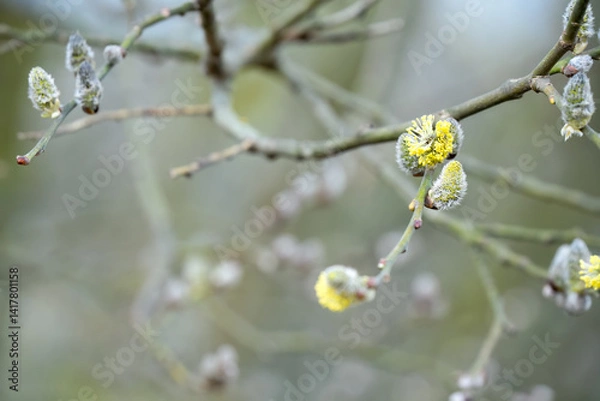 Fototapeta close-up of grey willow tree (salix cinerea) early spring male catkins