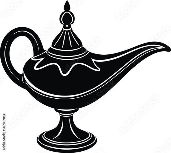 Fototapeta Magic Wishes in a Lamp | Aladdin Silhouette Black Vector for Mystical and Fantasy Design