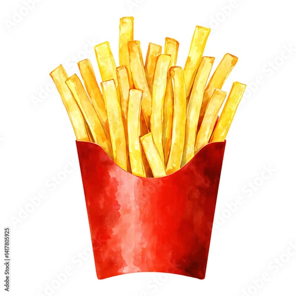 Obraz Crispy Golden French Fries in Red Paper Container Isolated Hand Drawn Watercolor Illustration