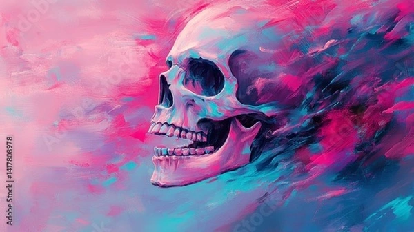 Fototapeta A vibrant, stylized skull emerges from a swirling, pink and blue abstract background.