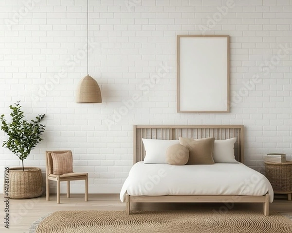 Fototapeta Scandinavianinspired loft kid s bedroom with white brick walls, soft hues, and a sleek modern design